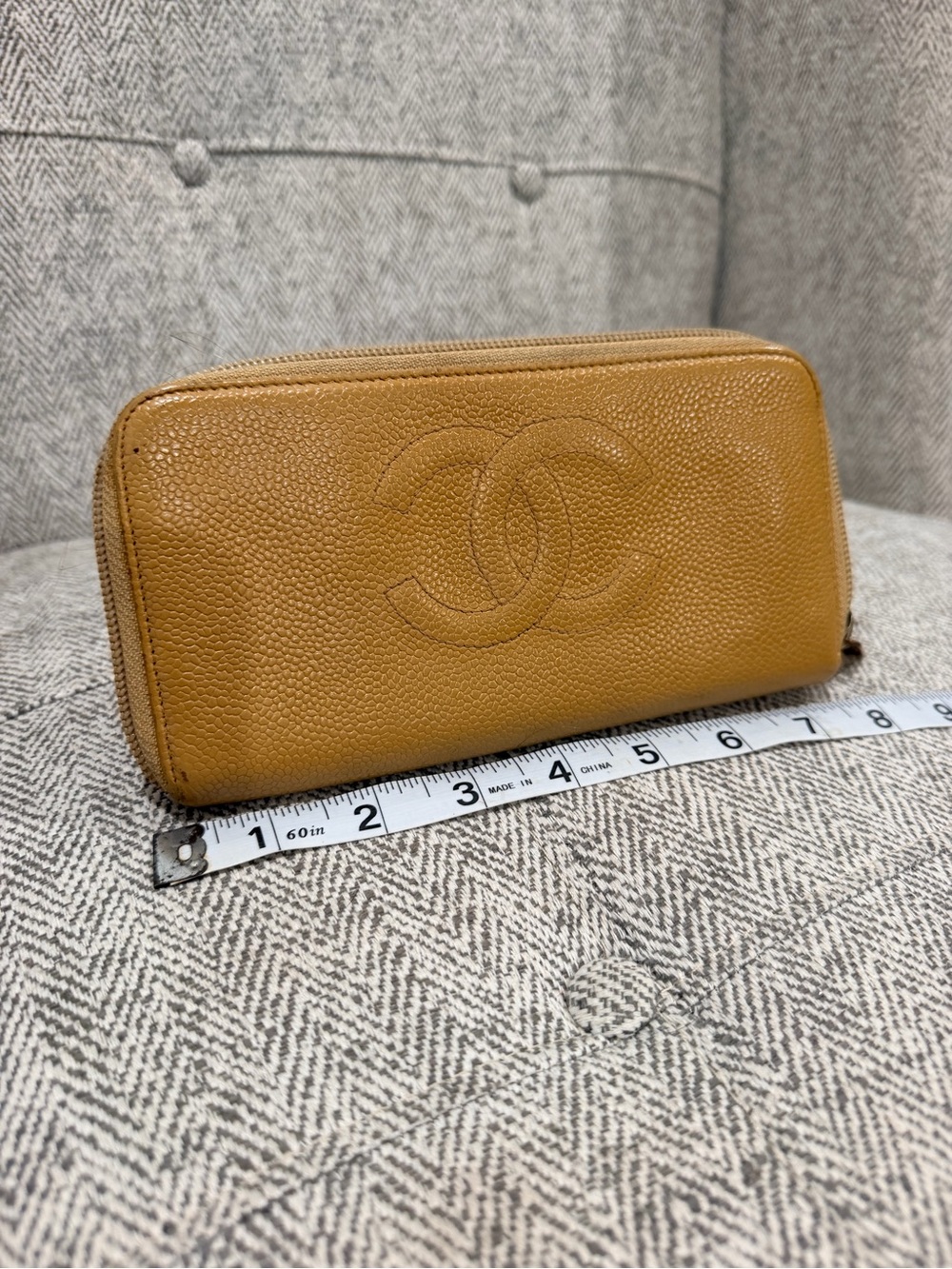 CHANEL Camel Tan Caviar Leather Zip Around Wallet